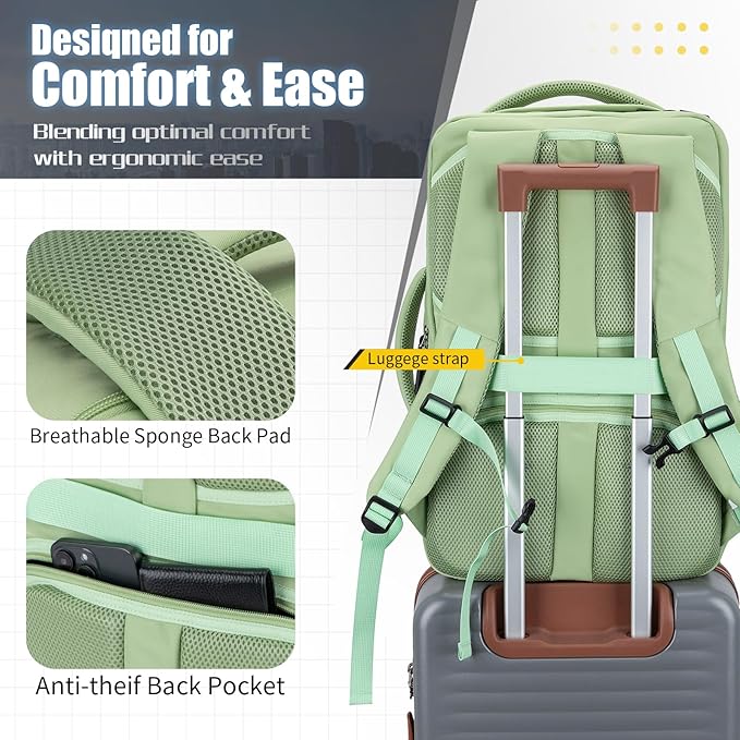 42L Travel Backpack with 4 Packing Cubes, TSA Friendly Flight Approved Carry-On Bag, Water-Resistant Business Backpack for Men Women, Fits 17.3" Laptop (Avocado Green)