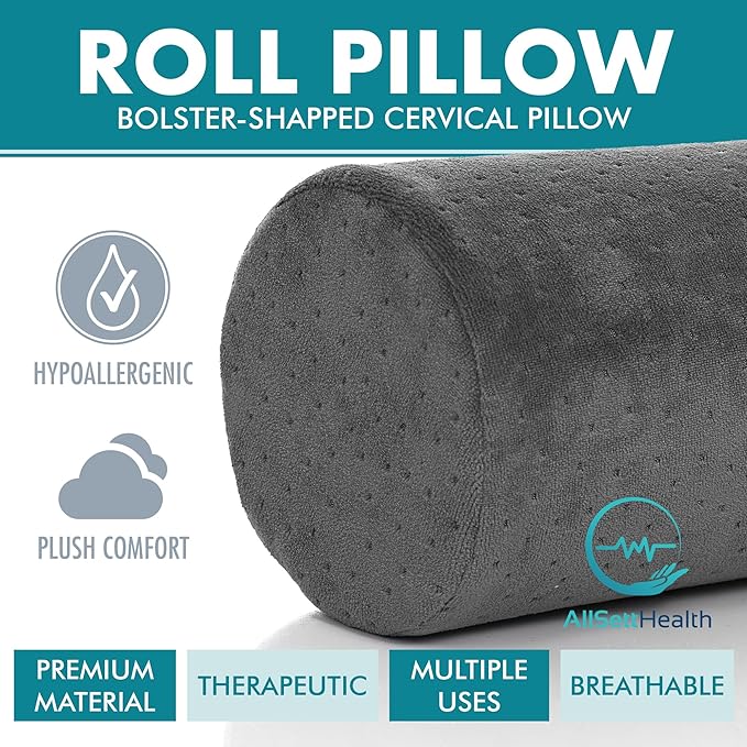 AllSett Health Round Cervical Roll Cylinder Bolster Pillow with Removable Washable Cover, Ergonomically Designed for Head, Neck, Back, and Legs, Grey | 13" X 5"