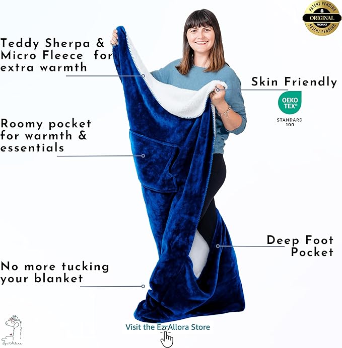Premium Double Layer Foot Pocket Blanket -Patent Pending- TV Throw - Gamer Gifts for Men Who Want Nothing - Lap Blanket (Double Layer Sherpa-Fleece, Velvet Blue)
