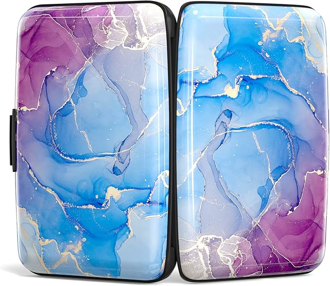 Credit Card Holder, Mini Aluminum Card Wallet RFID Blocking Slim Metal Hard Card Case for Women Men, Blue Purple Marble