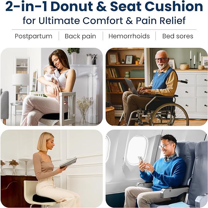 Everlasting Comfort Donut Pillow for Tailbone Pain Relief Ergonomic Seat Cushion - Hemorrhoid Pillow for Sitting- Ideal Memory Foam Coccyx Chair Cushion for Postpartum Pregnancy, Anti-Slip, Washable
