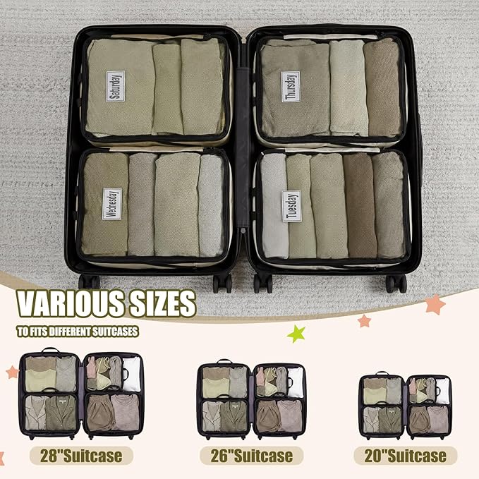 7 Pcs Packing Cubes for Travel Large Days of Week Compression Packing Cube with Labels Luggage Organizers Storage Bag(Brown)