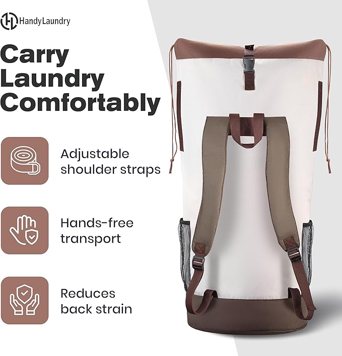 Handy Laundry Extra Large Laundry Bag Backpack – Heavy Duty, Water-Resistant, Adjustable Straps, Drawstring Closure, 3-4 Load Capacity, Pockets for College Dorm, Travel, Apartment Essentials, Beige