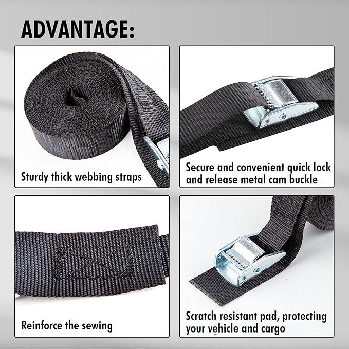 Cartman 1" x 15'Lashing Straps with Adjustable Cam Buckle Cargo Tie Down with Protective Pad, 4 Pack, Black
