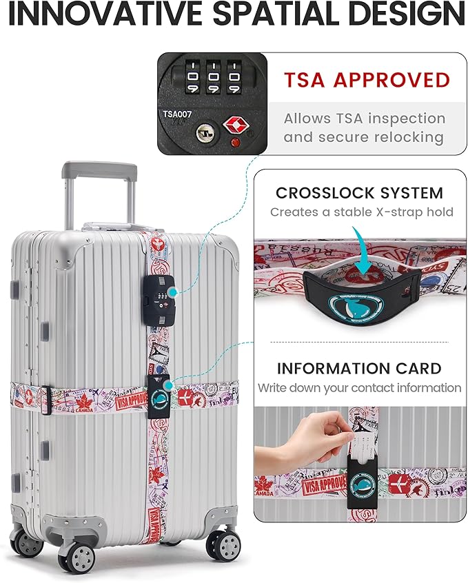 Travelkin Luggage Straps TSA Approved - Adjustable Cross Suitcase Straps with TSA Lock, Reinforced Buckle, Unique Pattern - Secure Heavy Duty Luggage Straps for Travel (Journey)