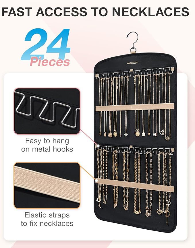 BAGSMART Hanging Jewelry Organizer, Necklace Holder Anti-tangle Earrings Rings Hanger with 10 Jewelry Bags Travel Storage Roll with Pockets Hang on Closet, Wall, Door,1 Piece, Small, Black