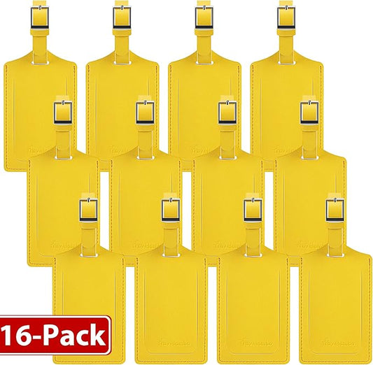 Travelambo 16 Pack Luggage Tags for Suitcases Privacy Protection Bag Tags Faux Leather Travel Accessories Essential, Energetic Yellow