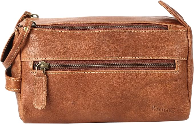 KomalC Premium Buffalo Leather Toiletry Bag for Men & Women With Water resistant Lining, Grooming Travel Pouch, Unisex Wash Bag for Toiletries, Gifts for Men and Women