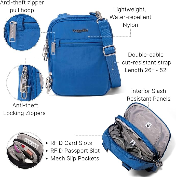 Baggallini Securtex® Anti-theft Mini Everything Crossbody Bag, 6.3"x8.25" Rfid, Locking Zippers & Cut-resistant Strap