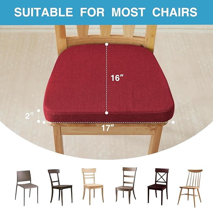 Chair Cushions for Dining Chairs Set of 6, Non Slip Kitchen Chair Pads, 17" x 16" x 2", Indoor Dining Chair Cushions with Ties, D-Shaped Seat Cushions for Kitchen Chairs, Red