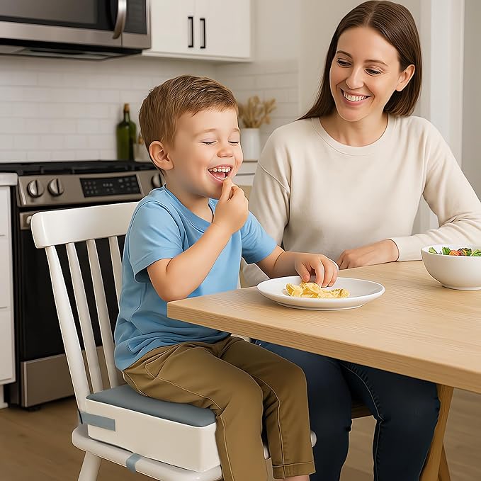Toddler Booster Seat Dining Table Kitchen Chair, Waterproof Anti-Scratch PU Cushion, Non-Slip Bottom, Adjustable Buckle Straps, Easy Clean Portable Seat Cushion (Dark Grey+White)