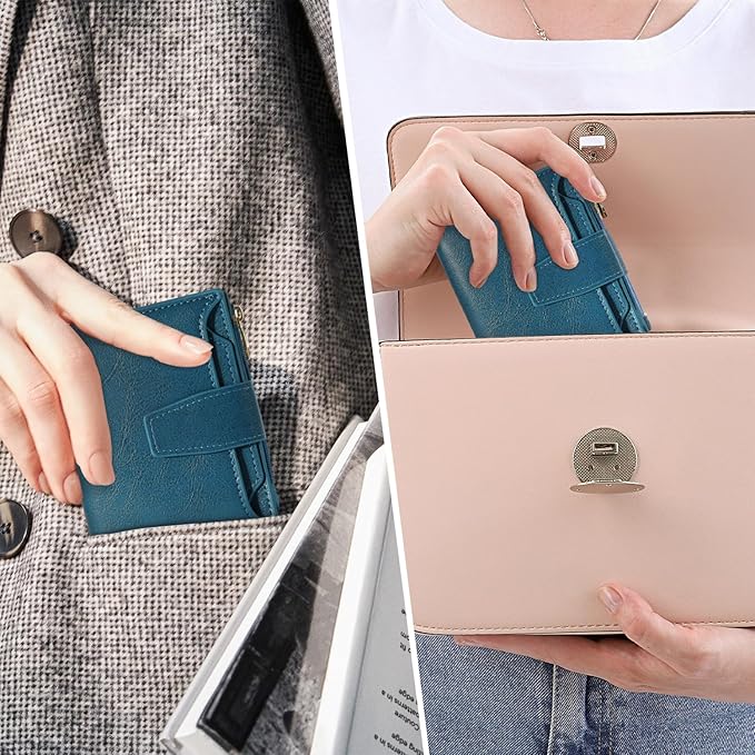 Airkit Small Wallet Women RFID Blocking Soft Leather Bifold Compact Card Holder Wallet for Women with Zipper Coin Pocket 4 ID Window