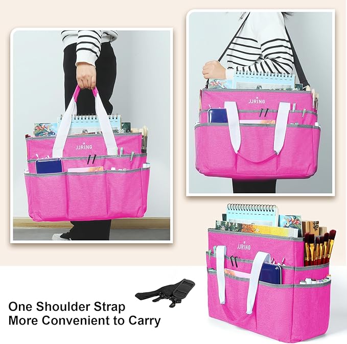 JJRING Craft Organizer Tote Bag, Large Art Storage Caddy with Multiple Pockets, Deep Red Sewing Bag for Art, Craft, Scrapbooking, Medical, and Office Supplies Storage