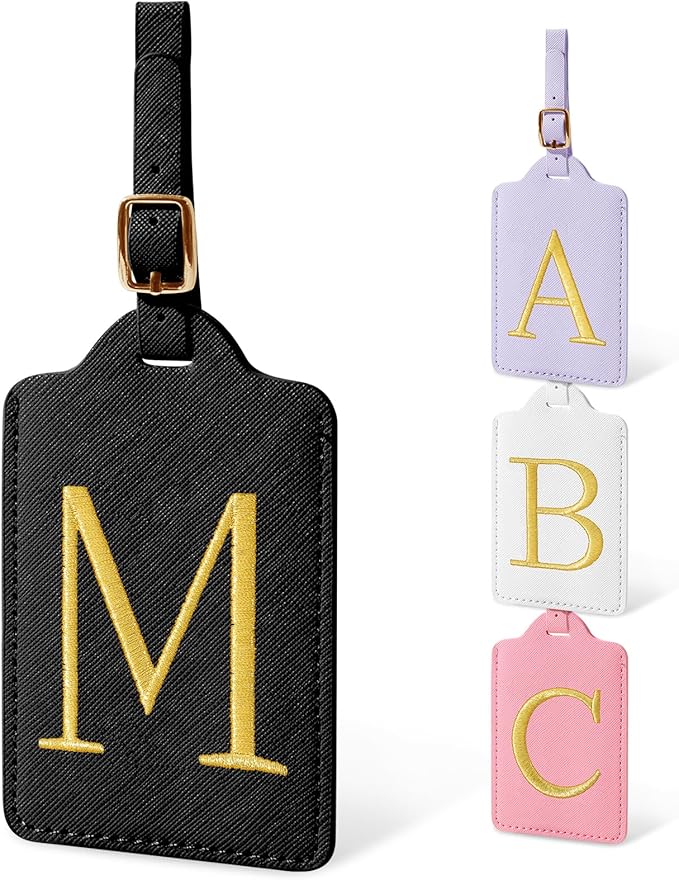Personalized Initial Luggage Tags for Suitcases, Cute PU Leather Embroidered Letter Travel Luggage Tags, Suitcase Identifier Name Baggage Tag, Bag Tags for Men Women Kids Luggage Handbags(Black M)