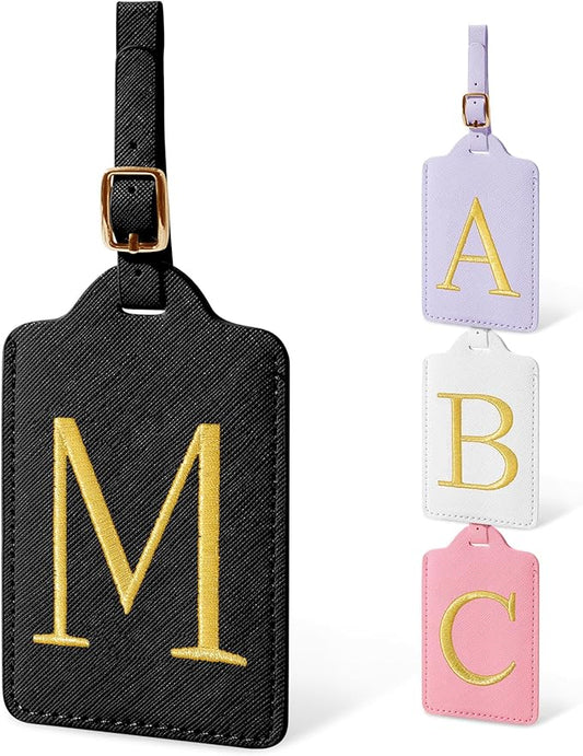 Personalized Initial Luggage Tags for Suitcases, Cute PU Leather Embroidered Letter Travel Luggage Tags, Suitcase Identifier Name Baggage Tag, Bag Tags for Men Women Kids Luggage Handbags(Black M)