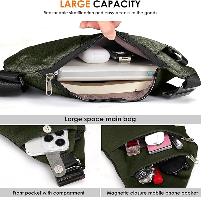 Cross body Bag for Women Men AntiTheft Travel Sling Bag Waterproof Shoulder Bags, Ideal for Adventures Travel Casual Vacation, Army Green