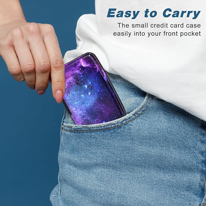 Credit Card Holder, Mini Aluminum Card Wallet RFID Blocking Slim Metal Hard Card Case for Women Men, Galaxy