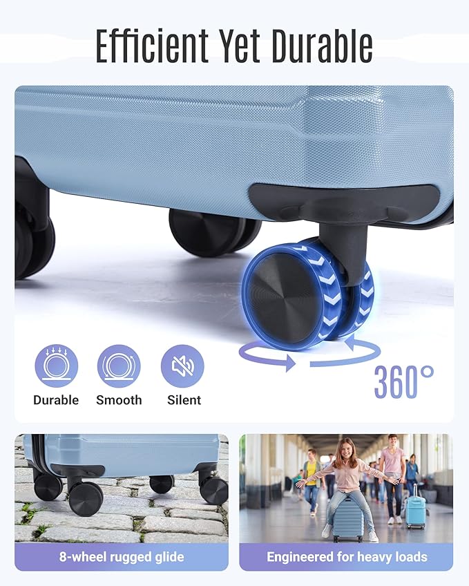LIGHT FLIGHT Luggage Sets, 3 Piece Durable Suitcase Set with Spinner Wheels, 3 Pcs Hard Shell Lightweight Luggage with TSA Lock, Large Checked Travel Suitcases, 20/24/28 Inch,Light Blue