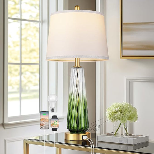 Modern Glass Table Lamps, 27.5" Bedside Lamps for Bedroom, Green, 1 Pack | 2 LED 3-Way Dimmable Bulb Included, Touch Control, USB A+C Charging Ports, Living Room Nightstand Lamp, Gradient Glass, 2700K