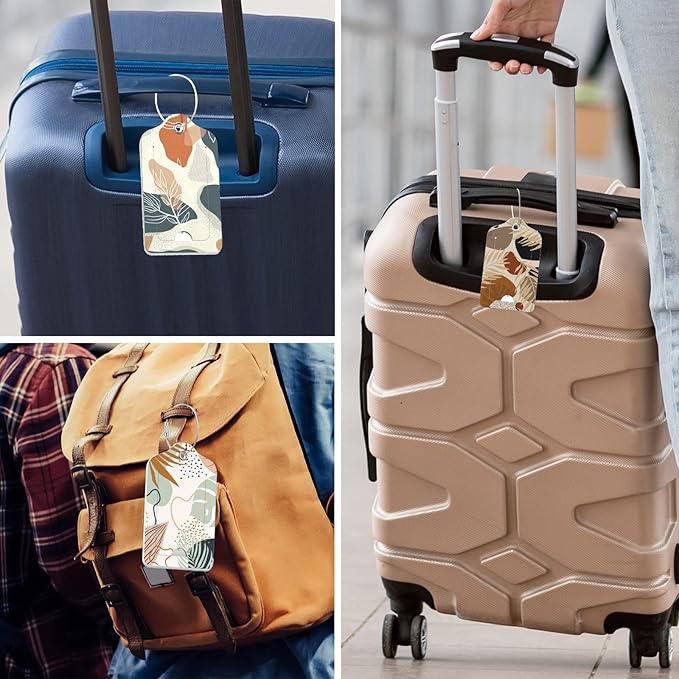 Rimilak 3 Pcs PU Leather Luggage Tags for Suitcase, Travel Cruise Luggage Tag with Privacy Flap, Name ID Label and Metal Loop for Women Men Baggage Handbag School Bag Backpack, Boho Plant
