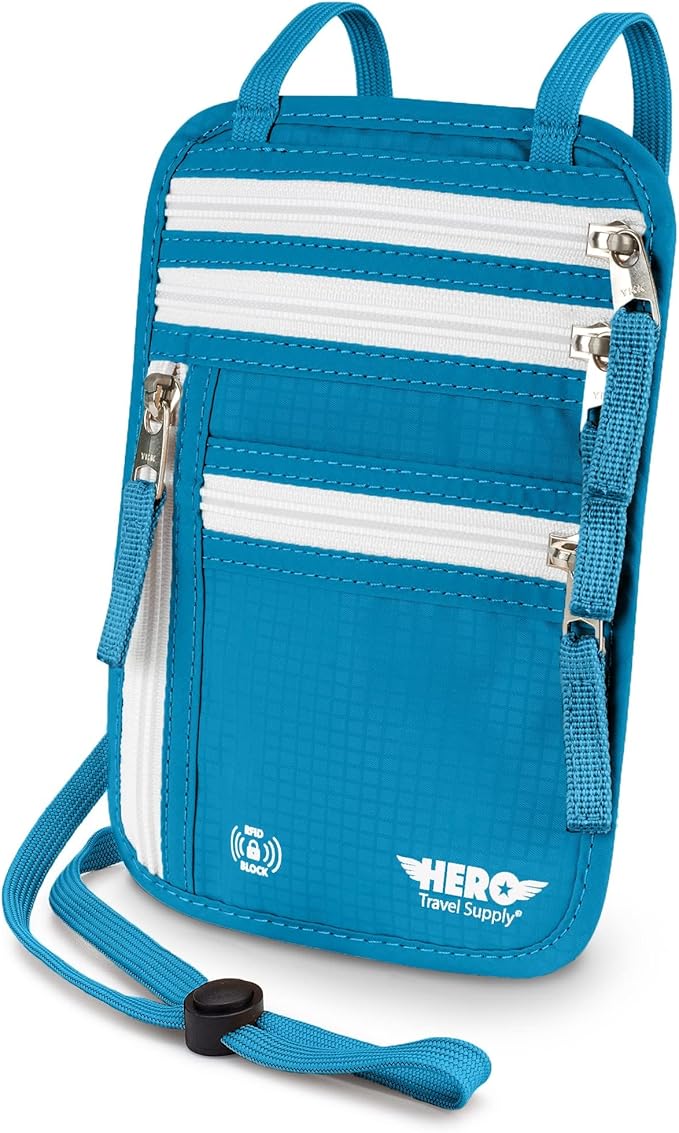 HERO Neck Wallet - RFID Blocking Passport Holder, Easy to Conceal Travel Puch (Aqua)