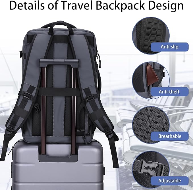 HOMIEE Travel Backpack 40L TSA Friendly Flight Approved Carry-on Luggage, Waterproof Business Computer Backpack Fits 17.3 Inch Laptop, Extra Large Weekender Bag with Shoe Compartment, Grey