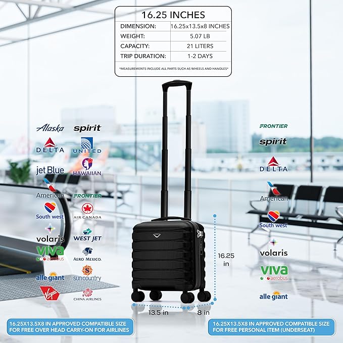 Flight Knight Carry On Suitcase 16.25x13.5x8 Hardside TSA Lock USB Port Lightweight Luggage Silent Double Spinner Wheels Maximum Underseat Carry-On Bag For Virgin South West Approved Black
