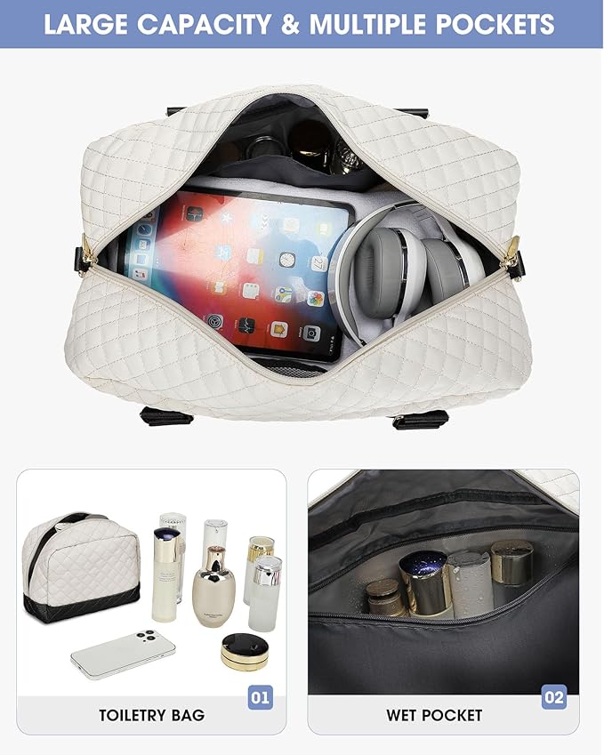Travel Duffle Weekender Bags for Women: Overnight Bag with Shoe Compartment Carry On Bags with Toiletry & Wet Pocket Large Tote Hospital for Women Labor Delivery Black White