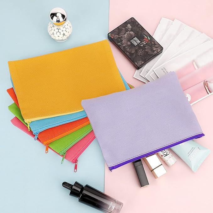 12 Pieces Cotton Canvas Makeup Bag, Multipurpose Cosmetic Bag with Zipper Travel Toiletry Pouch, Blank DIY Craft Bag (Multicolored B, XL)