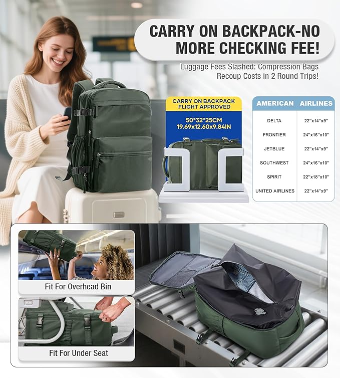 VECAVE Vacuum Travel Backpack with Pump for Women, Personal Item Carry on Backpacks Flight Approved for Men,Laptop Waterproof Work Compression bags Casual Daypack(Green)