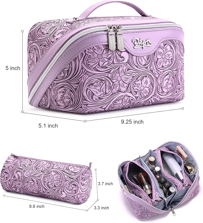 BOYATU Travel Makeup Bags Cosmetic Organizer Bag: 3 Pcs Set Large Capacity Floral Make up Bag with Compartments - Waterproof Leather Toiletry Bags with Handle for Women (21-Purple)
