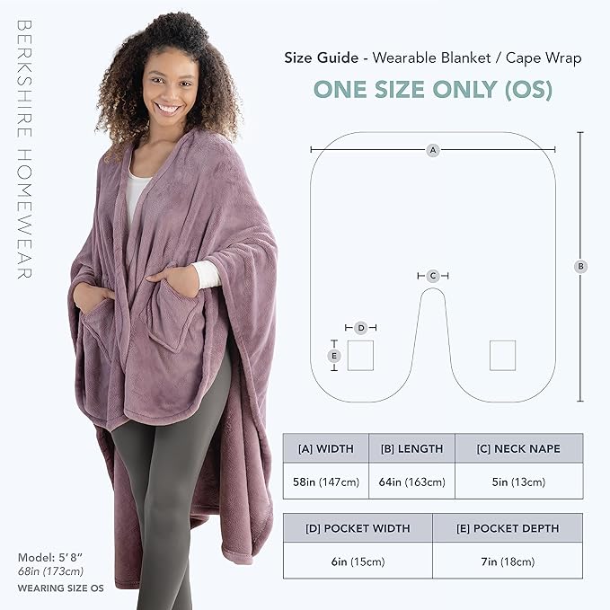 Berkshire Blanket Primalush™ Wearable Blanket, Cozy Loungewear Pocketed Plush Cape Wrap for Adults & Teens(Purple, One Size 58"X64")