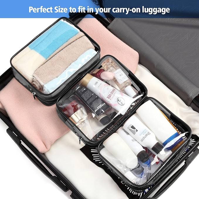 PACKISM TSA Approved Toiletry Bag 2 Pack - 1 Medium TSA Quart Carry-On & 1 Large for Checked Luggage, Water-resistant clear Makeup Bag Clear Travel Bags for Toiletries, Black