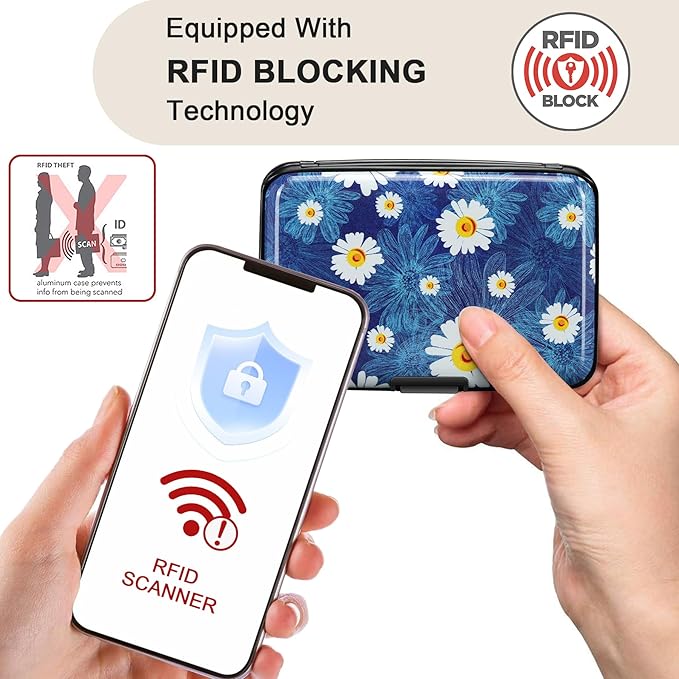 ELFISH Mini RFID Aluminum Wallet Credit Cards Holder Business Card Case Metal ID Case for Men Women(White Flower)