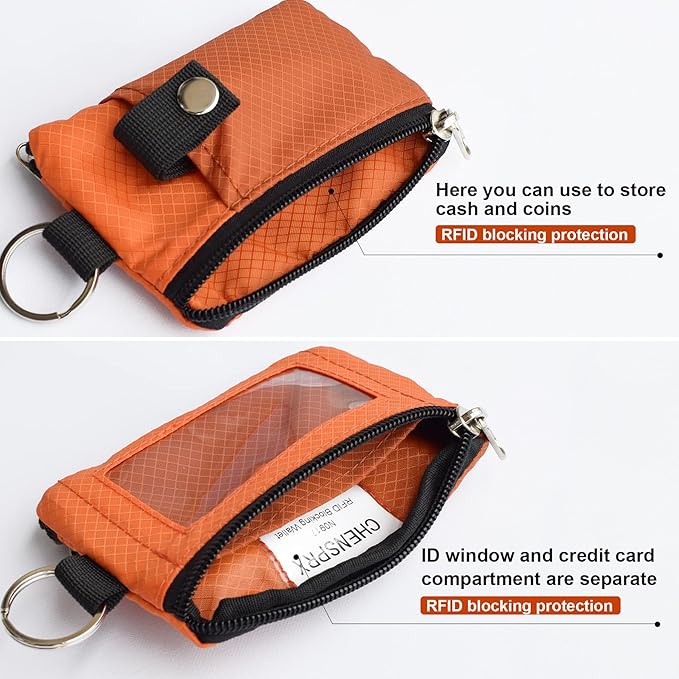 CHENSPRX Minimalist RFID Blocking Small Wallet with ID Window,WaterResistant Zip Id Case Wallet with Lanyard Keychain for Cards,Cash,Travel,Women,Men