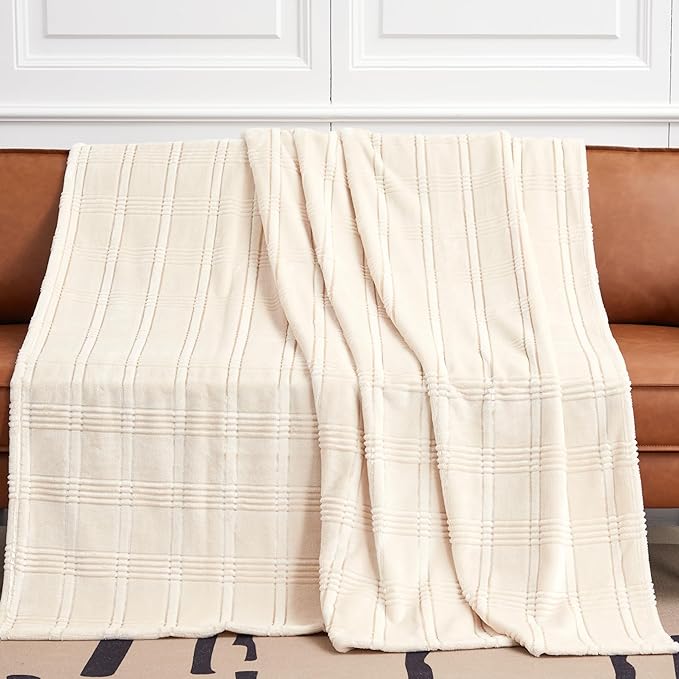 Soft Cozy Plaid Fleece Twin Siz Blanket, 60x80 Inches – 3D Jacquard Diamond Design, Lightweight Blanket for Couch, Sofa, Camping & Travel, Khaki