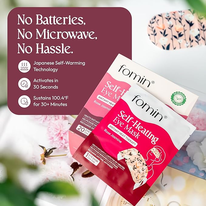 Fomin Self Heating Eye Mask - 20 Packs - Rose & Jasmine Heated Eye Mask Warm Compress for Eyes, Disposable Self Heating Steam Mask for Home, Sleep, Spa, Travel Essentials & Relaxation Gifts for Women