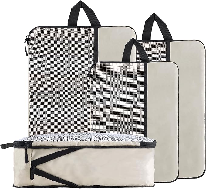 U+U 4 Set Compression Packing Cubes - Ultralight Cream Travel Organizers, Space-Saving Suitcase Organizer, Expandable Packing Cubes for Travel and Family Vacation (Cream)