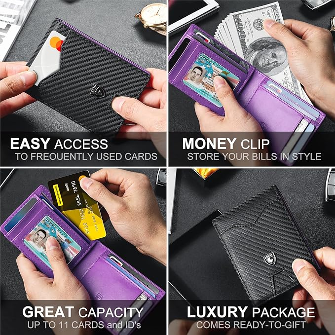GSOIAX Slim Wallet for Men Rfid Blocking Leather Bifold Front Pocket Carbon Fiber Credit Card Holder Novelty Wallets With Gift Box (Carbon Black and Purple)