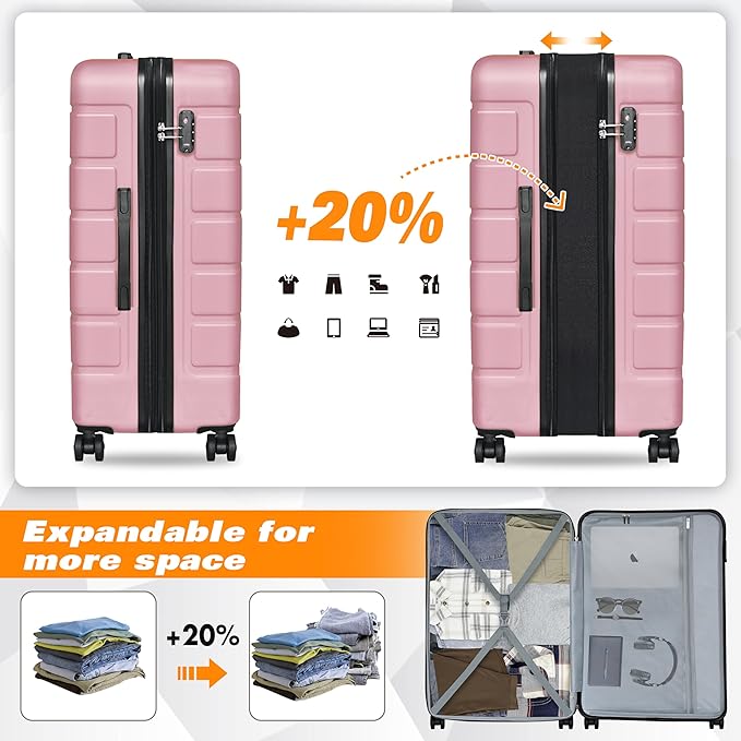Explorer Luggage Set, Lightweight Hardside Suitcase, Expandable Carry-On Luggage with Travel Backpack & Cosmetic Makeup Bag, 5-Piece Set (20in/24in/28in), Pink