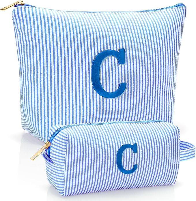 Personalized Initial Makeup Bag,Toiletry Travel Cosmetic Bag,Trendy Stuff for Teen Girls and Women,Holiday & Birthday Gift,2 Pack (C, Blue)