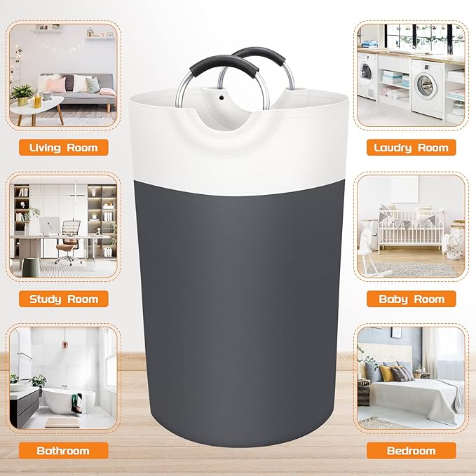 BlissTotes Laundry Basket, Laundry Hamper, Collapsible Laundry Baskets, Dirty Clothes Hamper, Waterproof Laundry Basket with Foam Protected Aluminum Handles for College Dorm, Family 90L (Gray)