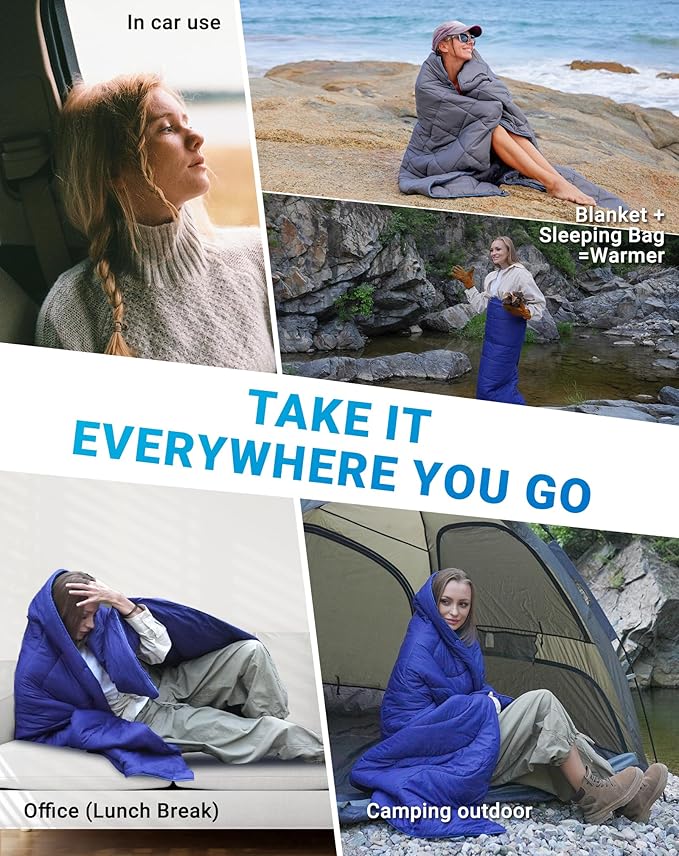 KingCamp Ultralight Camping Blanket, Packable Down Alternative Puffy Wearable Blankets Weatherproof Warm Package Quilt with Snap Buttons for Outdoor Hiking Travel Picnic Stadium (69" x 53", Charcoal)
