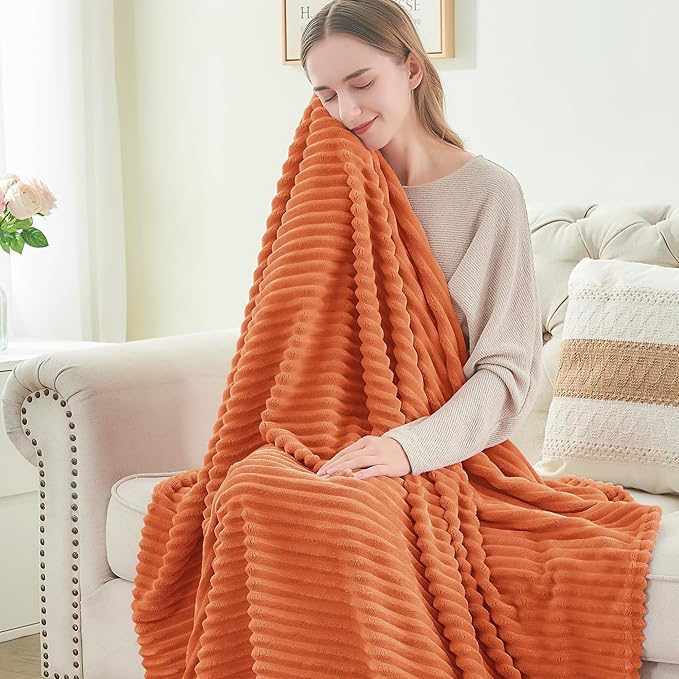 BEDELITE Fleece Blanket Twin Size – 3D Ribbed Jacquard Soft and Warm Decorative Fuzzy Blankets – Cozy, Fluffy, Plush Lightweight Throw Blankets for Couch, Bed, Sofa(Orange, 60x80 inches)