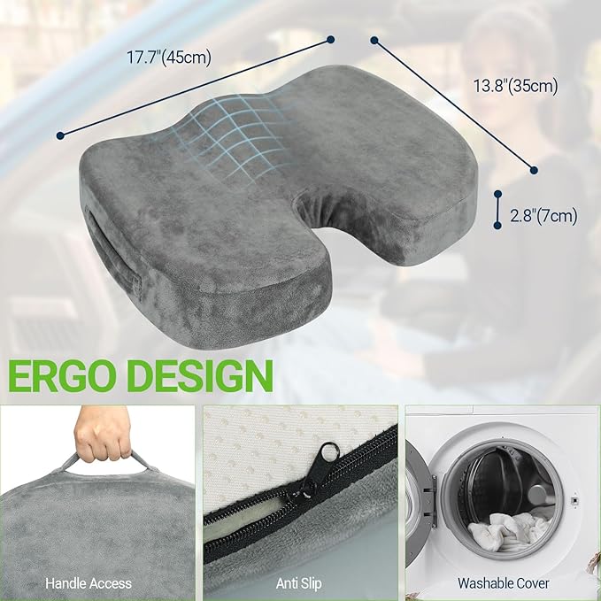 Season Guard Gel Seat Cushion – Office Chair Cushion – Non-Slip Gel Memory Foam Coccyx Cushion for Tailbone Pain - Desk Chair Car Seat Cushion Driving - Sciatica Back Pain Relief, Velvet, Grey