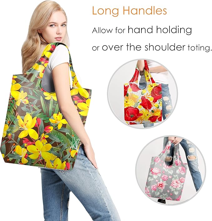 BeeGreen Floral Reusable Grocery Bags Bulk 6 Packs X-Large50LBS, Reusable Shopping Bags Foldable for Groceries, Vegetables, Fruits Bulk Tote Bags Washable For Women Men