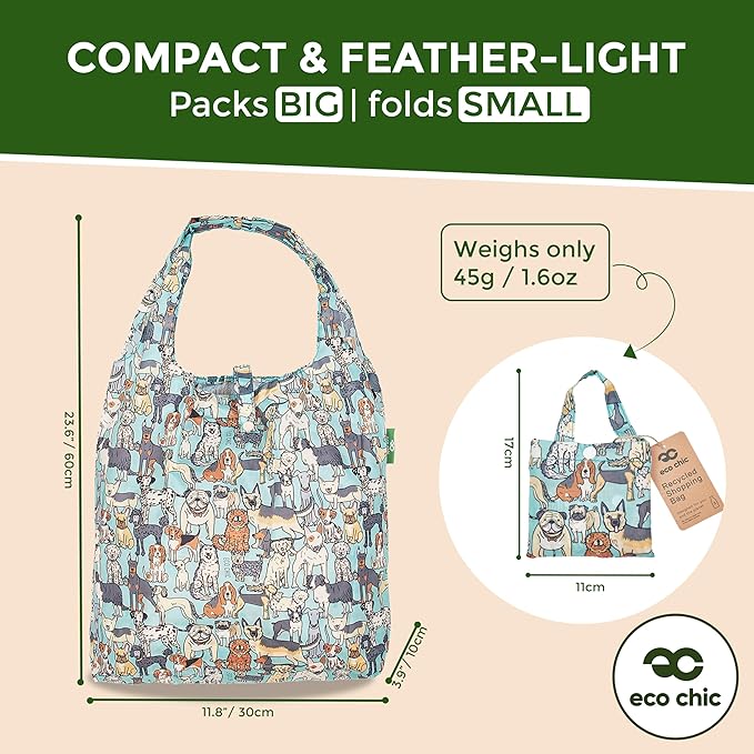 ECO CHIC Foldable Reusable Grocery Bags - Lightweight, Recycled & Reusable Shopping Bag - Waterproof Packable Tote