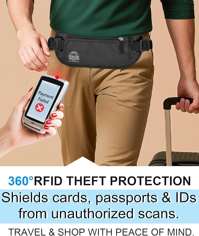 Hidden Money Belt for Travel, RFID Blocking, Sweat-Proof, Heavy-Duty Buckle, 3rd Gen Waist Wallet Anti Theft to Protect Cash, Credit Cards and Documents Under-Clothes for Men & Women, Black