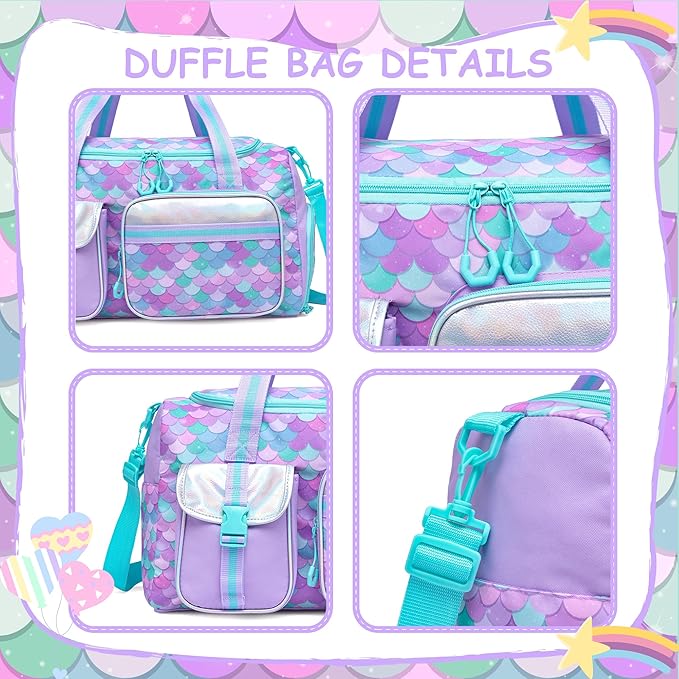 Mermaid Kids Duffle Bag Girls Gym Bag for Girls Kids Travel Dance Bags for Girl Overnight Weekender Bags for Kid with Shoe Compartment