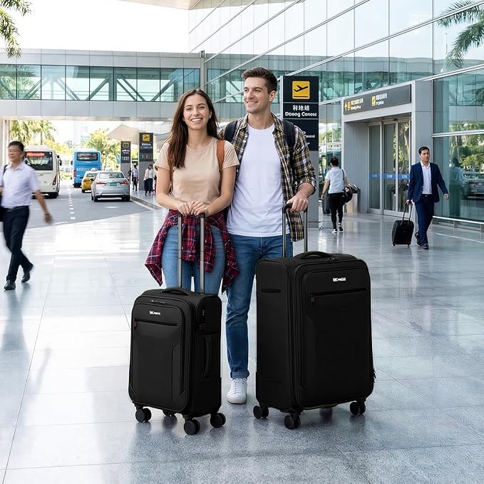 2PCS Set（22in/28in）Softside Luggage Sets w/TSA LOCK,Expandable 20% Luggage w/Spinner Wheels,Upright Spinner Softshell,Lightweight Durable Rolling Travel Luggage Set for Men/Women（Black,22in/28in）